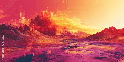 Futuristic Alien Landscape with Vibrant Red and Orange Hues Under a Sunset Sky