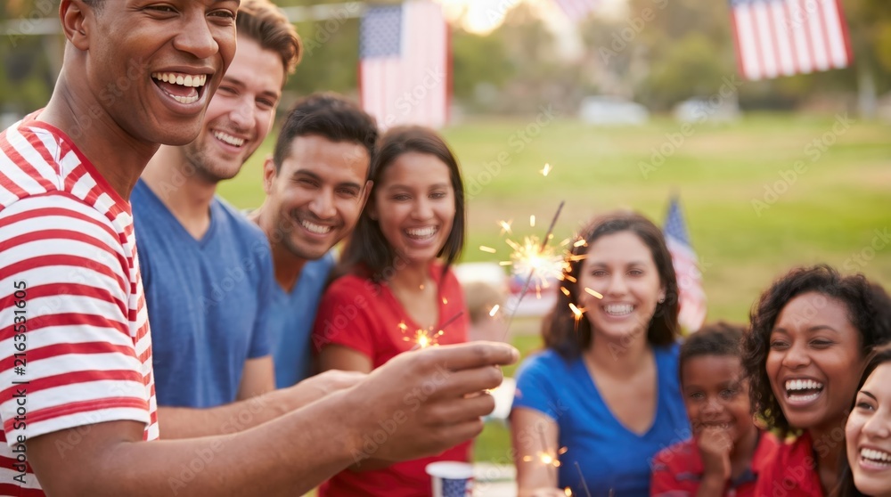 Obraz premium Multiethnic group of happy young adults celebrating Independence Day with sparklers and American flags in park