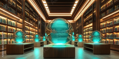 Futuristic Library Interior with Glowing Data Spheres and Bookshelves