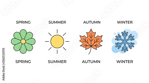 Colorful Four Seasons Icons Flat Line Art
