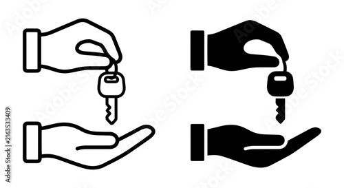 Hand Giving Key to Another Hand, Icon Set, Black and White Vector Graphics