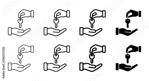 Hand Giving Key Icon Set, Real Estate Transaction, Ownership Transfer, Property Handover, Black and White Icons