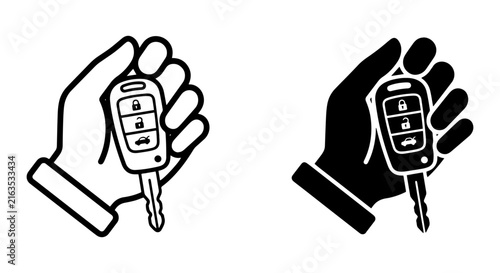 Hand Holding Car Key Fob, Automotive Unlock Icon, Transportation Security Symbol, Vector Set