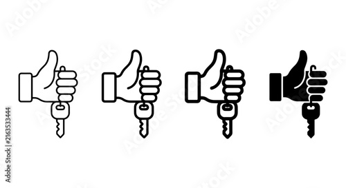 Hand Thumbs Up Holding Car Key Icon Set, Approval Gesture, Success Symbol, Ownership Concept