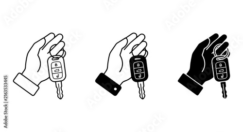 Car Key Icons, Hand Holding Remote Fob, Automotive Access Vector Set