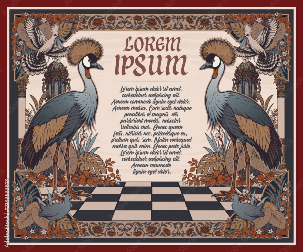 Naklejka premium Vintage Floral Border Frame Template with Grey Crowned Cranes Art Nouveau