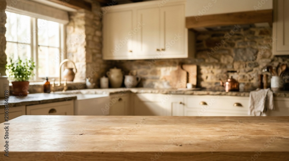 Naklejka premium Empty wooden table top in warm rustic kitchen with stone walls and cream cabinets for product display background