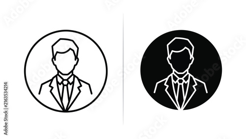 Businessman in suit portrait icon set with circle outline and solid black vector illustration