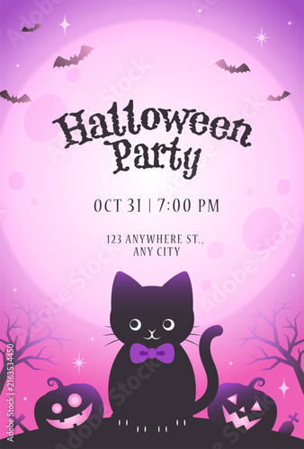 cute halloween vector background with a black cat, pumpkins and moon