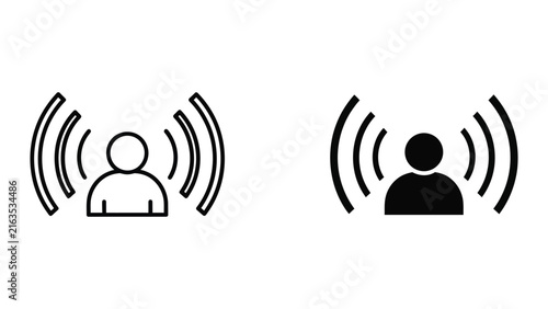 Person with sound wave signal broadcast communication icon set for digital interface and network connection