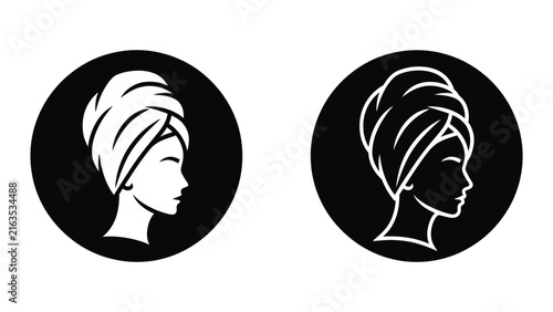 Woman in towel portrait icon set for beauty salon spa wellness and personal care branding elements