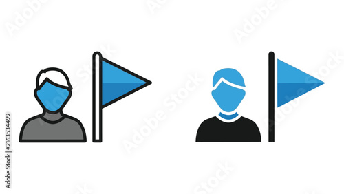 User with flag icon for location marking and status indicator in digital mapping interface systems