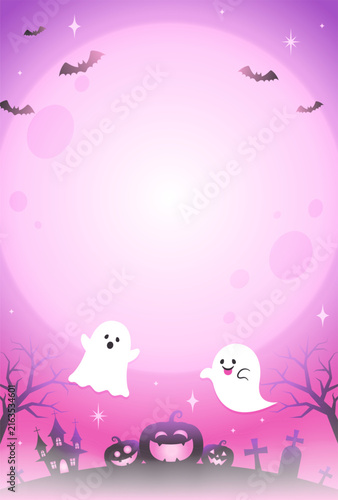 cute halloween vector background with ghosts, pumpkins and moon