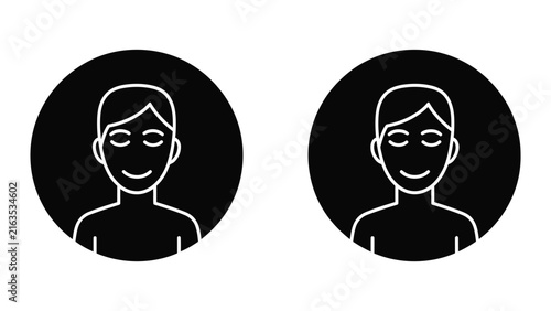 Smiling face avatar icon set in circular frame with line and solid black vector illustration style
