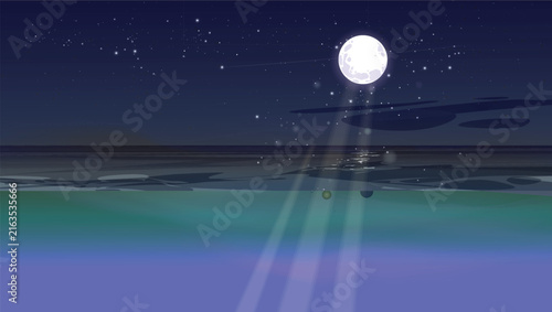 Bild auf Leinwand full moon shining brightly over ocean at night with starry sky and light rays pe