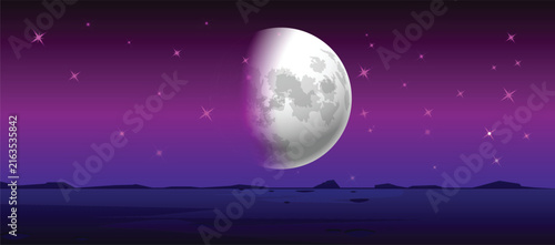 Bild auf Leinwand night sky with a large gibbous moon and glowing pink star bursts over a dark landscape against a purple gradient background