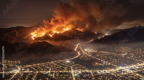 A devastating wildfire rages across a mountainside at night, illuminating the sky with flames and smoke, casting an ominous glow over a nearby city with its glowing lights.