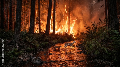 A doe and her fawn navigate a stream through a burning forest, facing the devastating impact of wildfire on wildlife and their habitat.