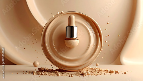 Cosmetic skincare serum and applicator centered on a palette of foundation with beige and neutral tones