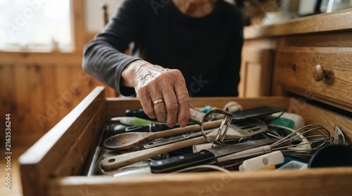 Elderly woman sorting kitchen utensils in a wooden drawer at home, representing organization and daily life