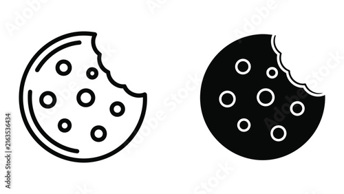 Chocolate chip cookie icon set in outline and solid style for food and bakery branding