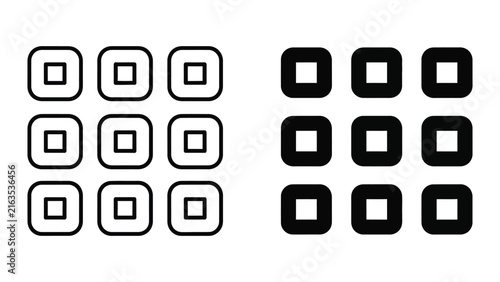 Square grid matrix icons with center dot in outline and solid styles isolated on transparent background