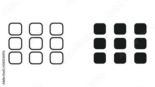 Three by three grid icon set in outline and solid styles isolated on transparent background