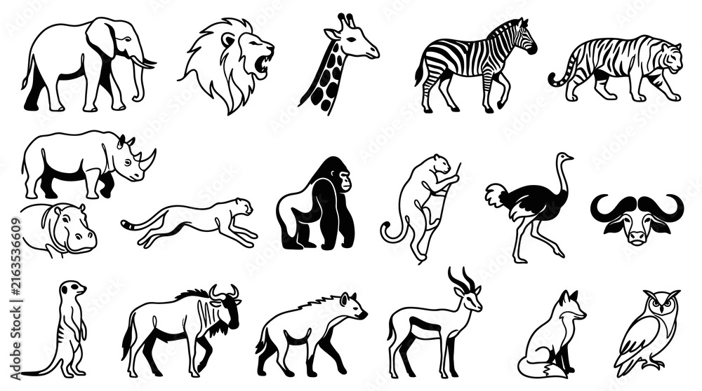 Naklejka premium African Safari Animals Black and White Line Art Vector Icons Set
