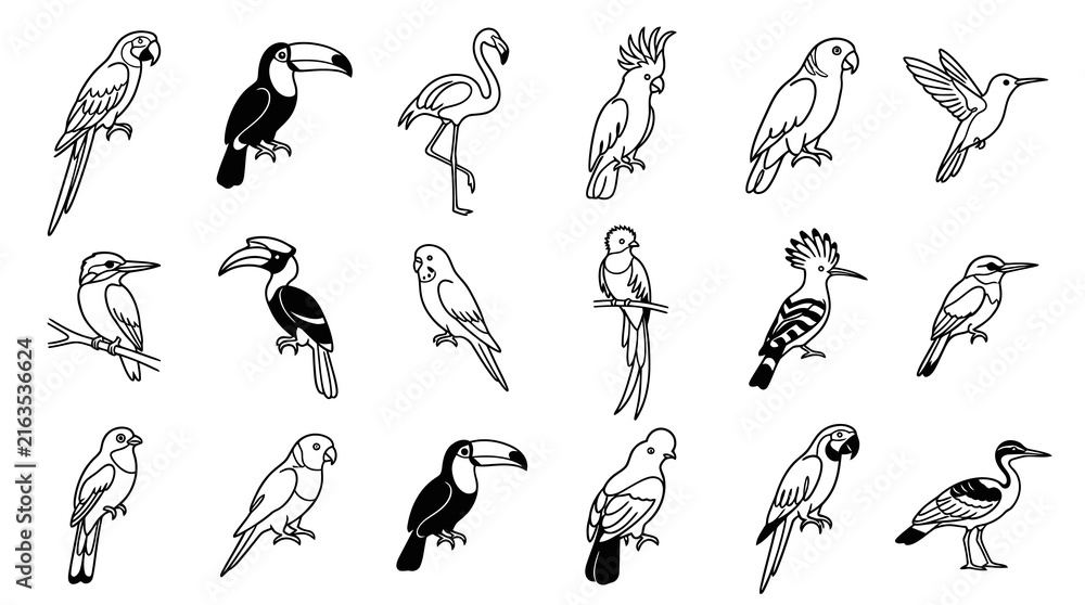 Naklejka premium Hand-drawn Black White Line Art Icons Set of Various Birds for Nature Wildlife Designs