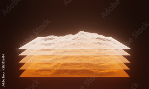 3D wireframe topographic map. Layered glowing orange terrain data levels on dark background