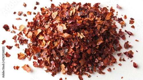 Overhead shot reveals a vibrant pile of coarsely crushed dried red pepper flakes on a white surface