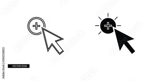 Cursor clicking plus button vector icon set in outline and solid styles for web interface design