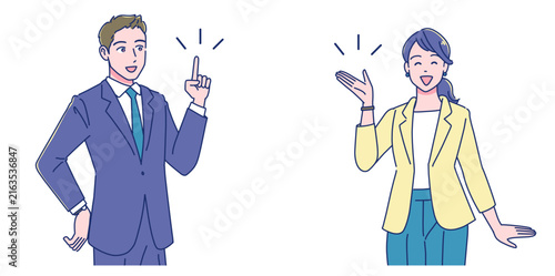 笑顔で説明する会社員男女