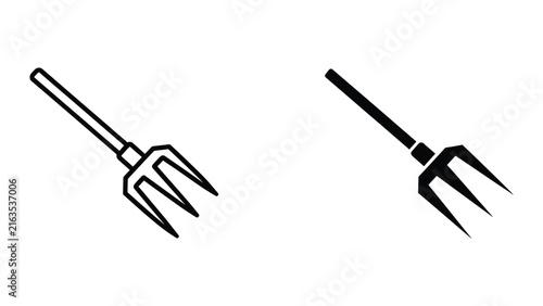 Set of garden pitchfork icons in outline and solid styles for agricultural and farming design projects
