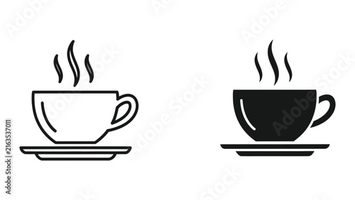 Coffee cup icon with steam vector illustration in outline and solid black filled styles for cafe menu