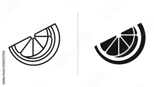 Citrus fruit slice icons in outline and solid black styles for food and beverage graphic design