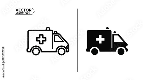 Ambulance vehicle icons in outline and solid black styles for medical and emergency service design