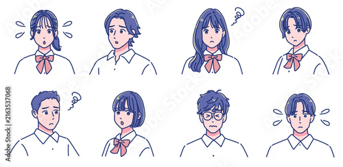 困る・悩むアニメ調の男女生徒のセット