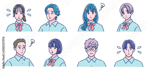 困る・悩むアニメ調の男女生徒のセット