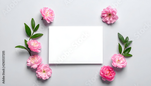 Composition of pink flowers with green leaves arranged around a blank white rectangle on a light gray surface