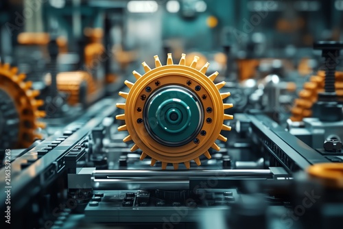 Close-Up of a Colorful Gear in an Industrial Machine Assembly Line, Highlighting Engineering Precision and Modern Manufacturing