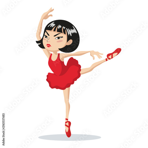 Vector illustration of a funny ballerina with expressive facial expression dancing on pointe in a red tutu. Isolated cartoon character perfect for greeting cards, posters, children's projects