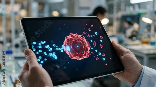 Personalized medicine ai tablet digital cell laboratory researcher display data glowing analysis precise healthcare diagnosis innovation