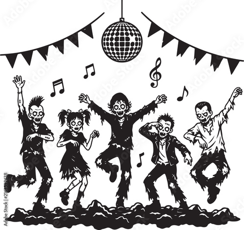 Spooky Zombie Friends Dancing Joyfully Under Disco Ball Party Celebration
