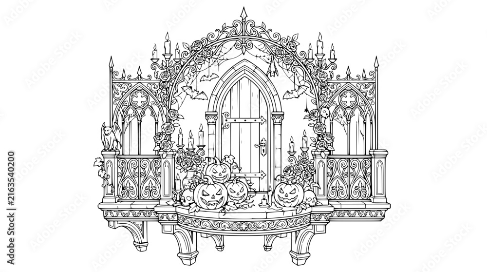 Obraz premium Gothic Balcony with Halloween Pumpkins and Bats