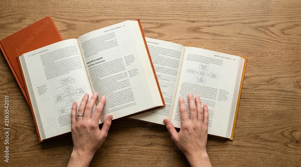 Fototapeta premium Open books with diagrams and text on wooden table being read by people for education and research