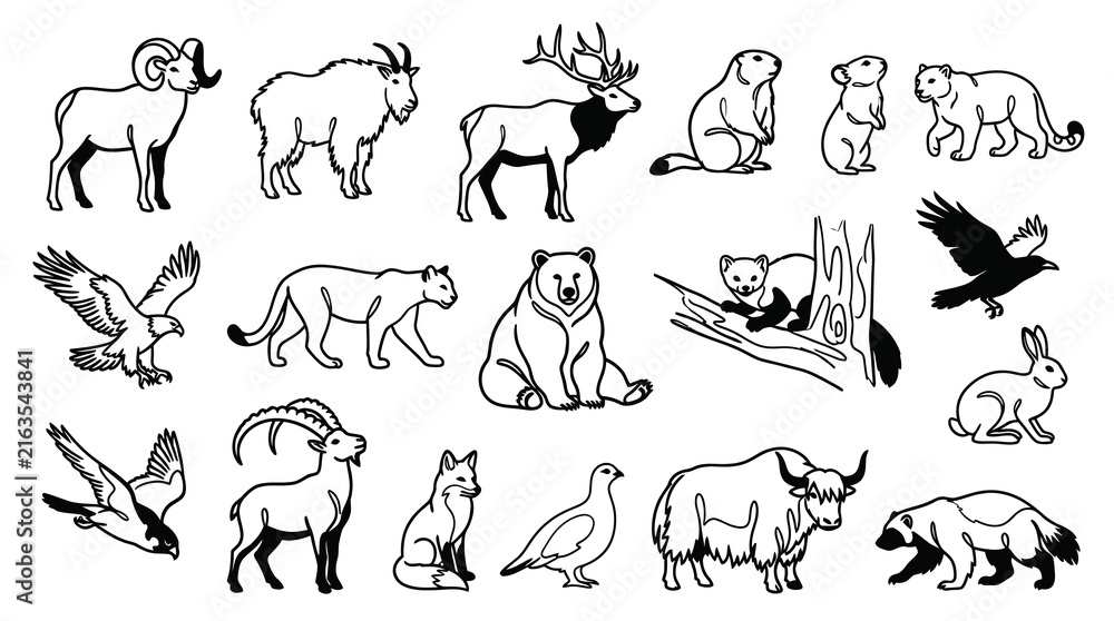 Naklejka premium Wildlife Animals Line Art Icons - Black and White Outline Vector Collection