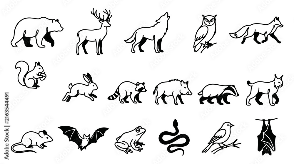 Fototapeta premium Black and White Line Art Wild Animals Icons Set. Nature and Forest Creatures Outline Collection.