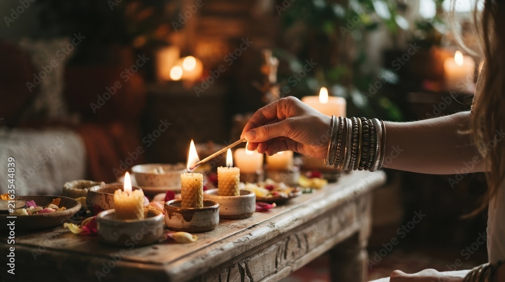 Obraz premium Woman lighting beeswax candles on rustic wooden table for cozy spiritual ritual and meditation practice