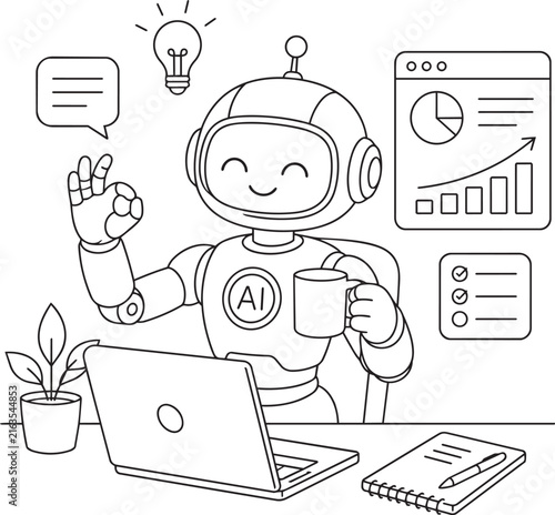 Cute robot working on laptop with digital business charts
